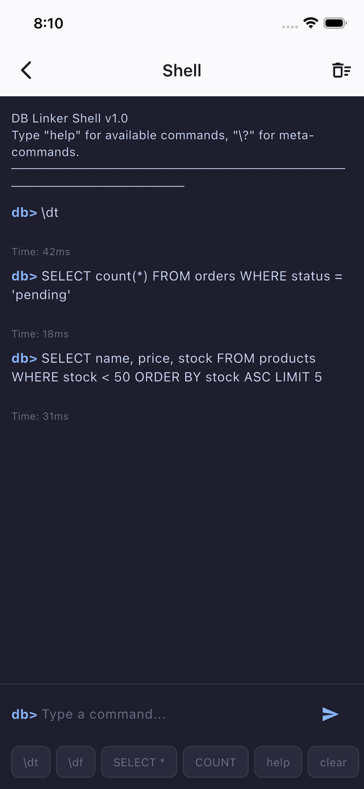 psql 스타일 SQL 셸 화면